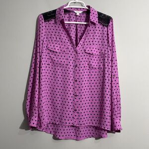 Candie’s Purple Black Heart Print Blouse Lace Shoulder Roll Tab Sleeve Women’s M